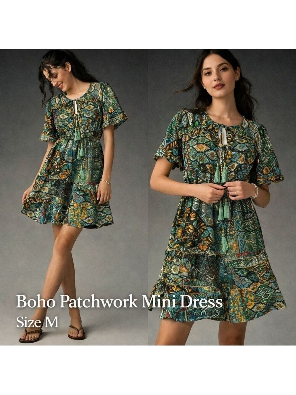 H.A.C Boho Mini Dress Patchwork Silk Blend Dress Size Medium Tassel Tie